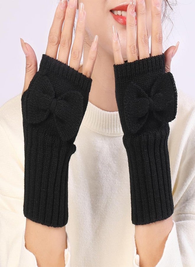CABODYALS 2 Pairs Black Thumb Hole Gloves Winter Soft Bowknot Arm Warmers Sleeves Knitted Crochet Fingerless Knit Hand Wrist Mittens Bulk for Women Painting Texting Driving Keyboard Cycling Supplies - Image 3